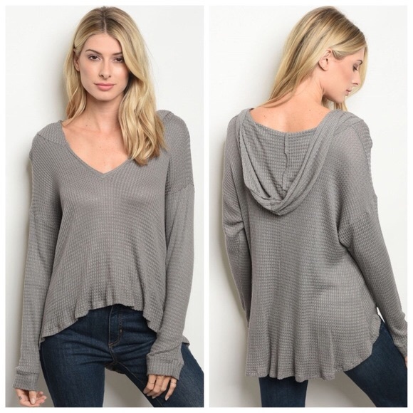 Someday Blush Tops - Gray Long Sleeve Waffle Knit Hooded Top